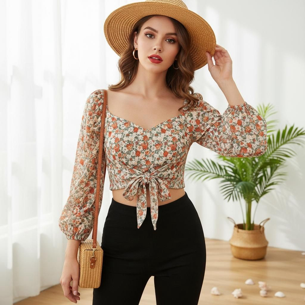 Sweet Lemon Flower Child Medium Sage 3/4 Sleeve Tie Front Crop Top